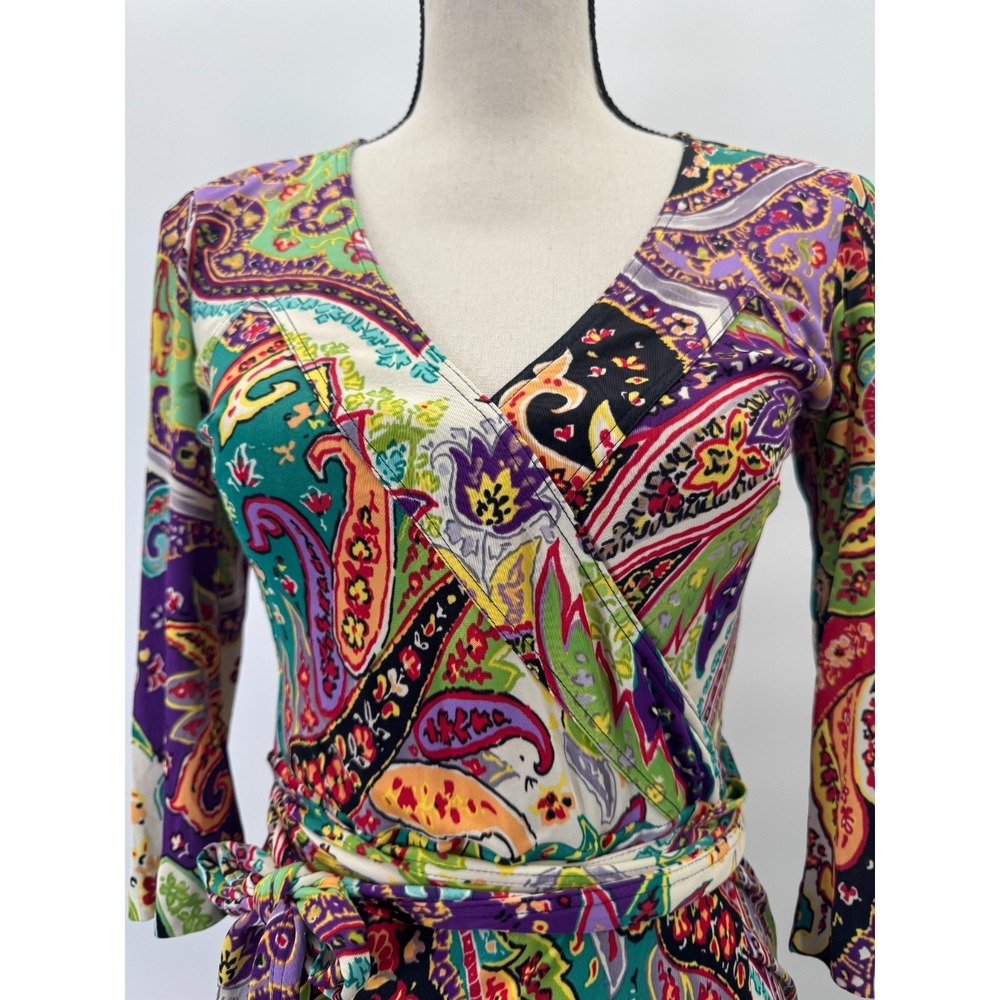 Etro Milano Boho 3/4 Sleeve Midi Wrap Dress Italy 38 Small 2 Deep V Belted Artsy - Picture 5 of 15